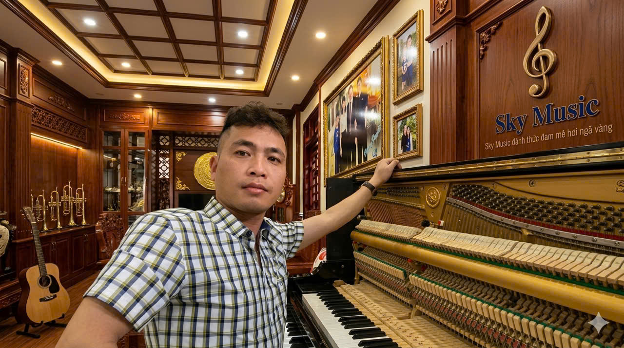 Kỹ thuật viên kiểm tra action và phím đàn piano Kỹ thuật viên kiểm tra bộ máy, phím và độ ổn định của đàn piano trước khi tư vấn cho khách hàng