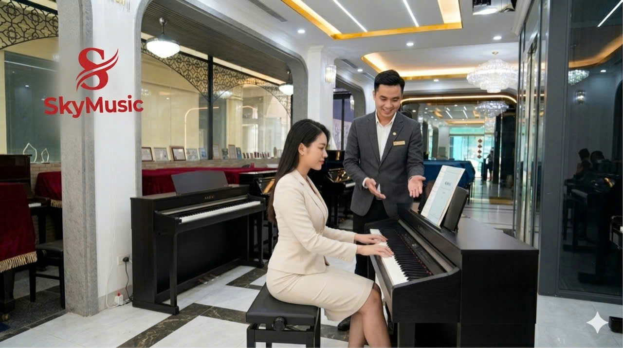 Giáo viên hướng dẫn trẻ nhỏ học piano trên đàn upright