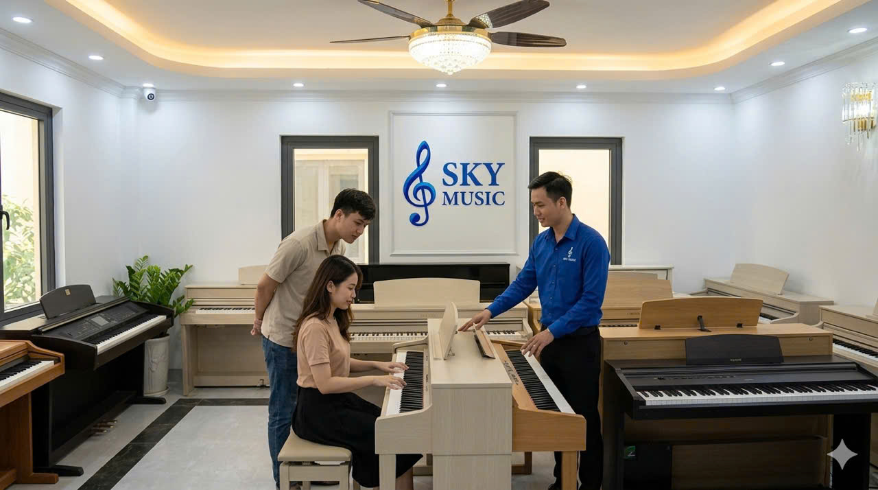 Người mới học đang trải nghiệm đàn piano điện tại showroom âm nhạc