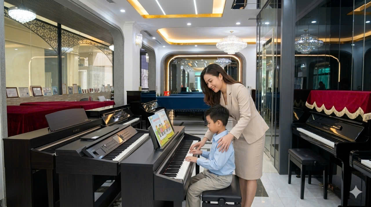 Giáo viên đang hỗ trợ học sinh luyện tập piano đúng kỹ thuật tại lớp học
