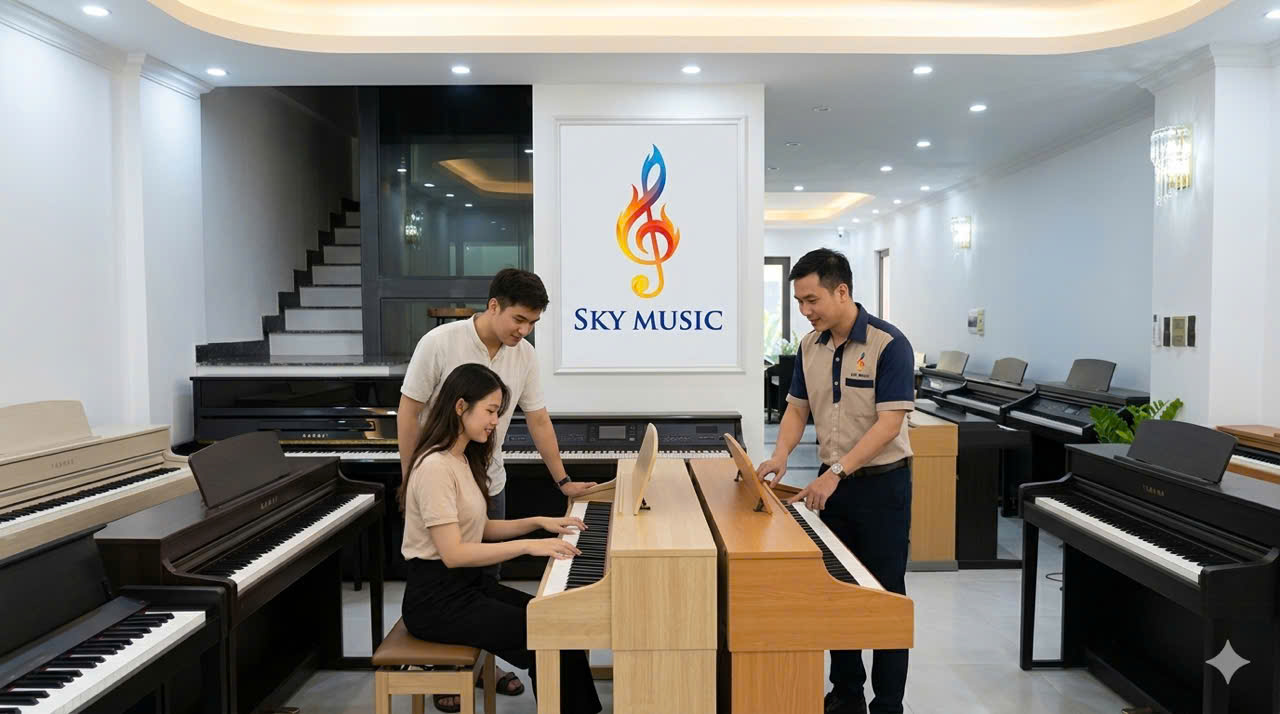 khách hàng được tư vấn và trực tiếp thử đàn trước khi quyết định chọn mua cho trẻ