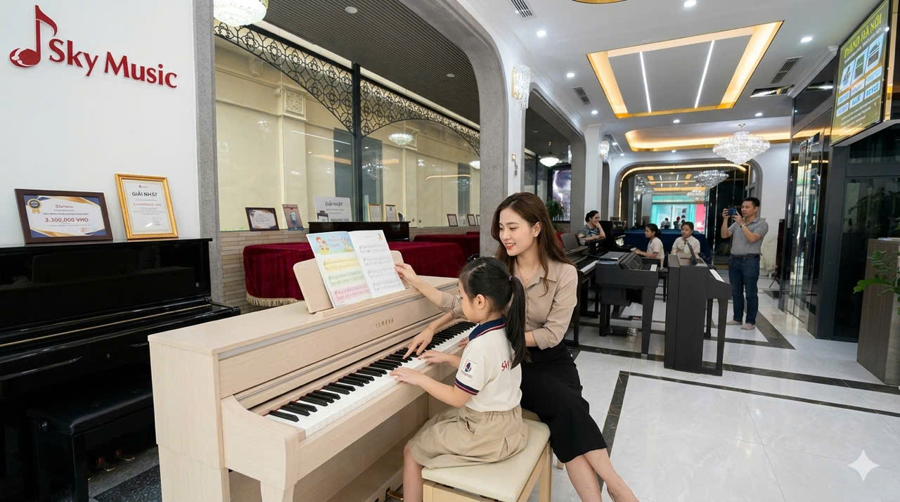 Giáo viên hướng dẫn bé chơi đàn tại không gian học piano thực tế