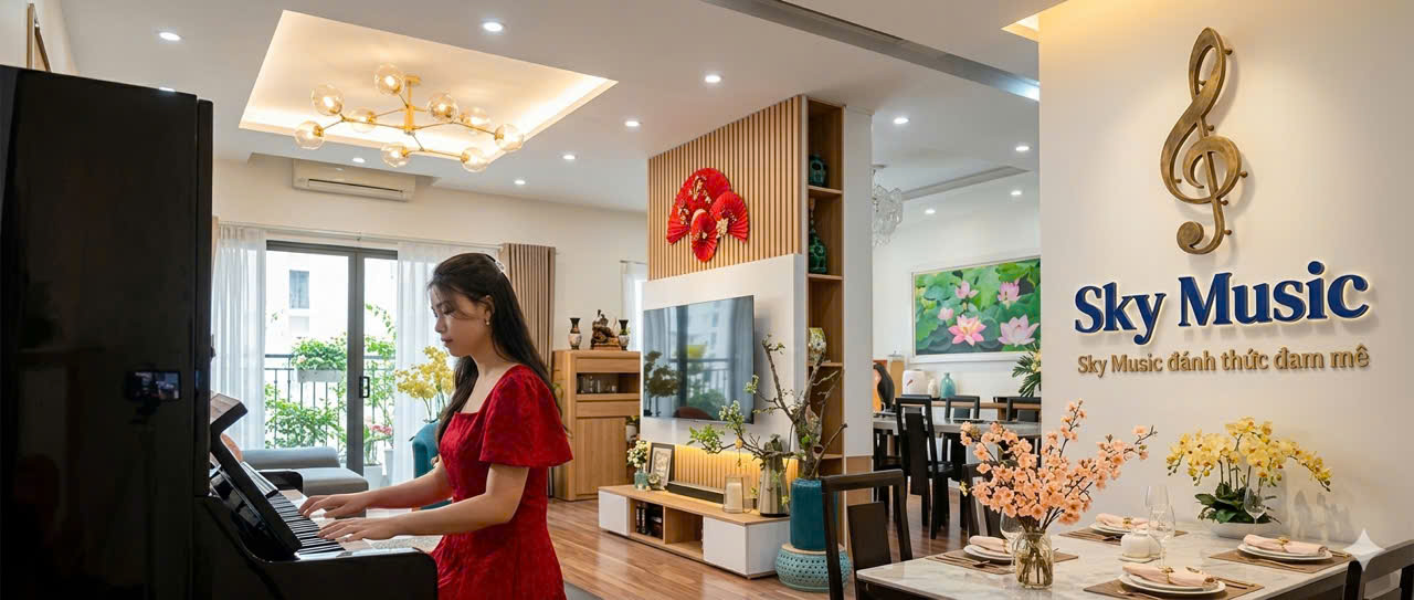 Người chơi piano tại showroom Sky Music đang trải nghiệm đàn trước khi quyết định mua