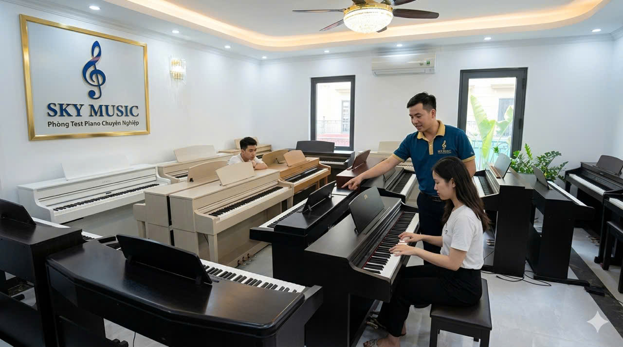 Học viên đang học piano tại trung tâm âm nhạc với giáo viên hướng dẫn trực tiếp