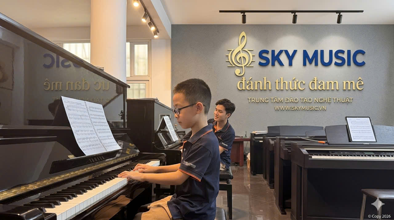 Học viên đang học piano cùng giáo viên tại trung tâm âm nhạc Sky Music Long Biên