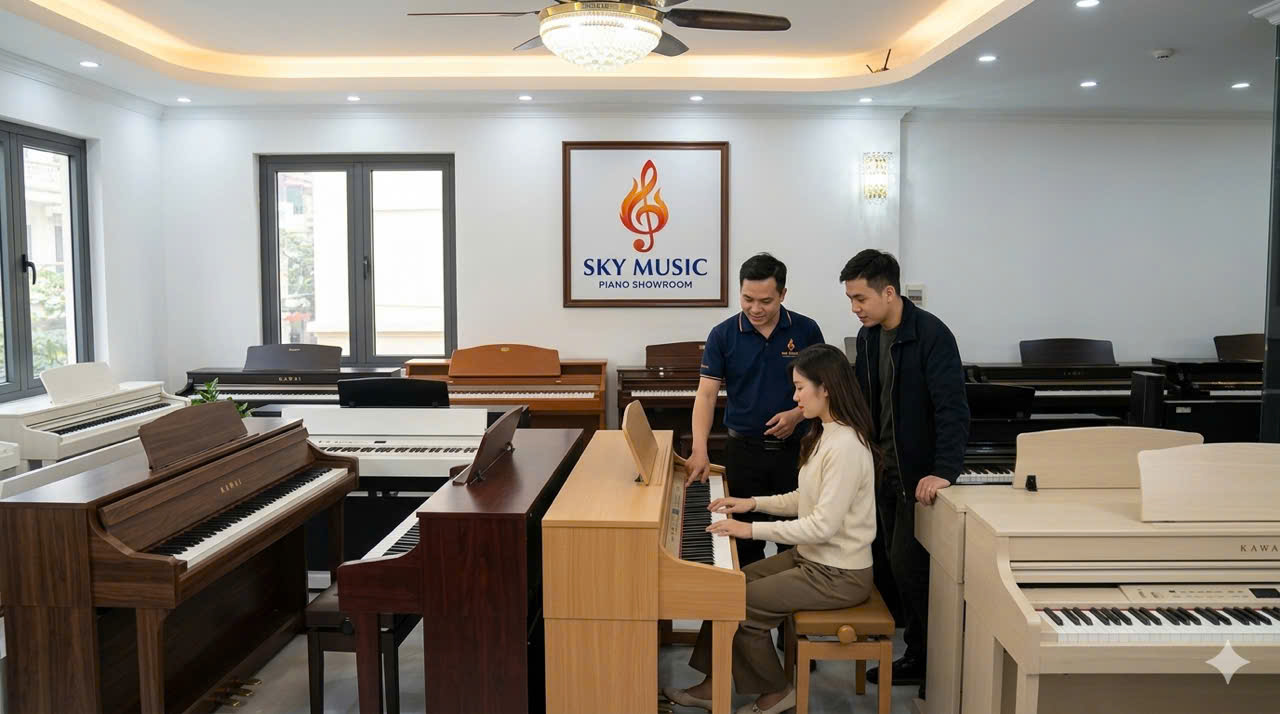 Khách hàng trải nghiệm đàn piano tại showroom Sky Music Long Biên với nhiều lựa chọn cho người mới học