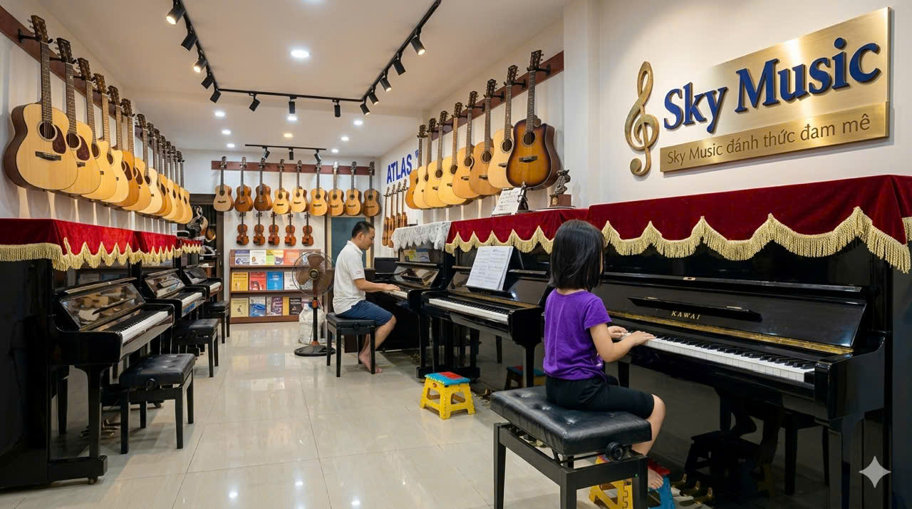 Không gian showroom piano tại Long Biên với học viên đang trải nghiệm đàn thực tế tại Sky Music