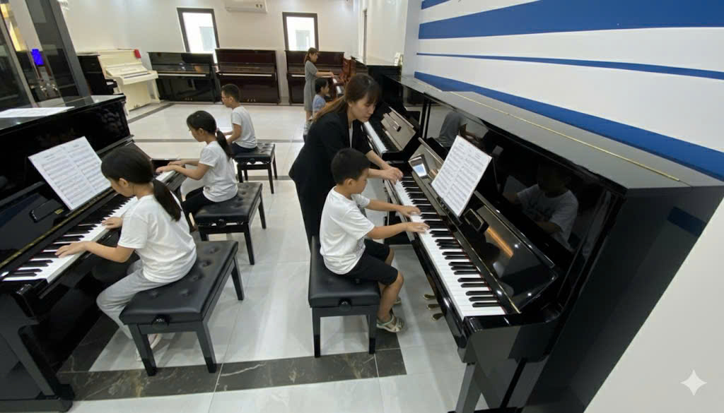 Giáo viên hướng dẫn bé làm quen với pedal piano đúng kỹ thuật trong giai đoạn học cơ bản
