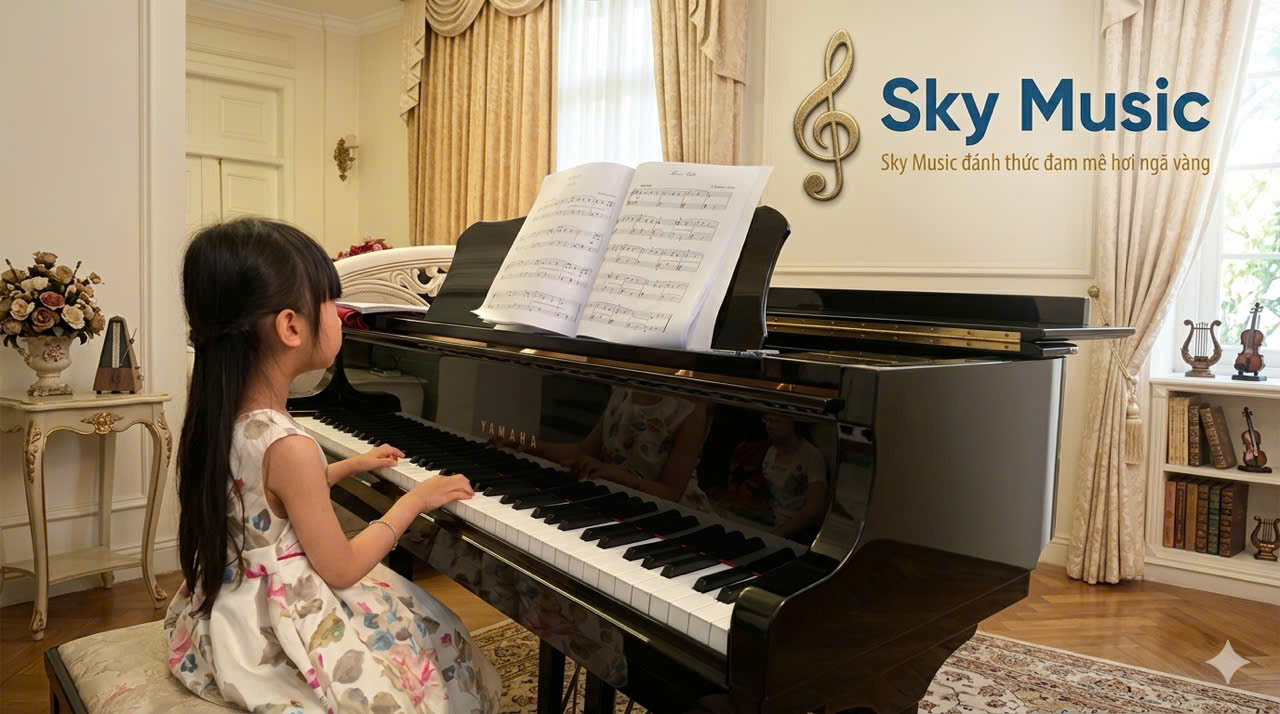 Không gian lớp học piano cao cấp tại Sky Music với đàn piano cơ và ánh sáng chuyên nghiệp