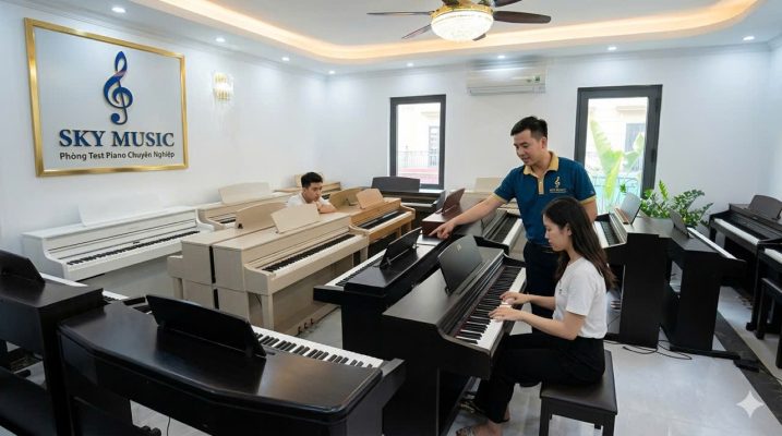 Người mới bắt đầu học piano đang thử nhiều loại đàn để chọn mức giá phù hợp tại showroom Sky Music Long Biên