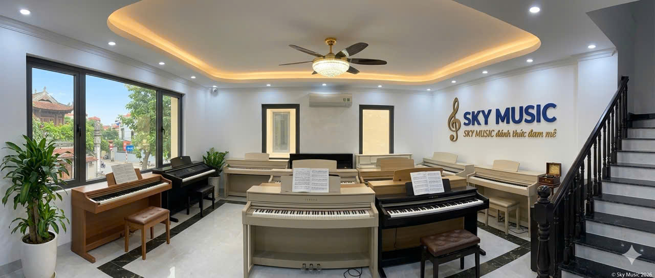 Phụ huynh tham khảo piano tại showroom Sky Music Long Biên với nhiều dòng đàn cho người mới học