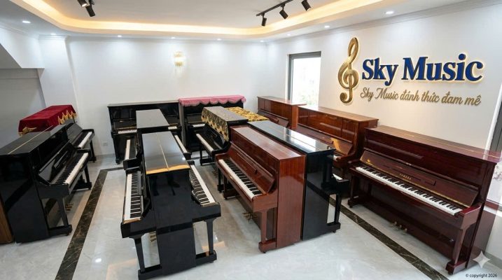 Không gian showroom với nhiều mẫu piano cơ và điện tại Long Biên Hà Nội cho người mới lựa chọn