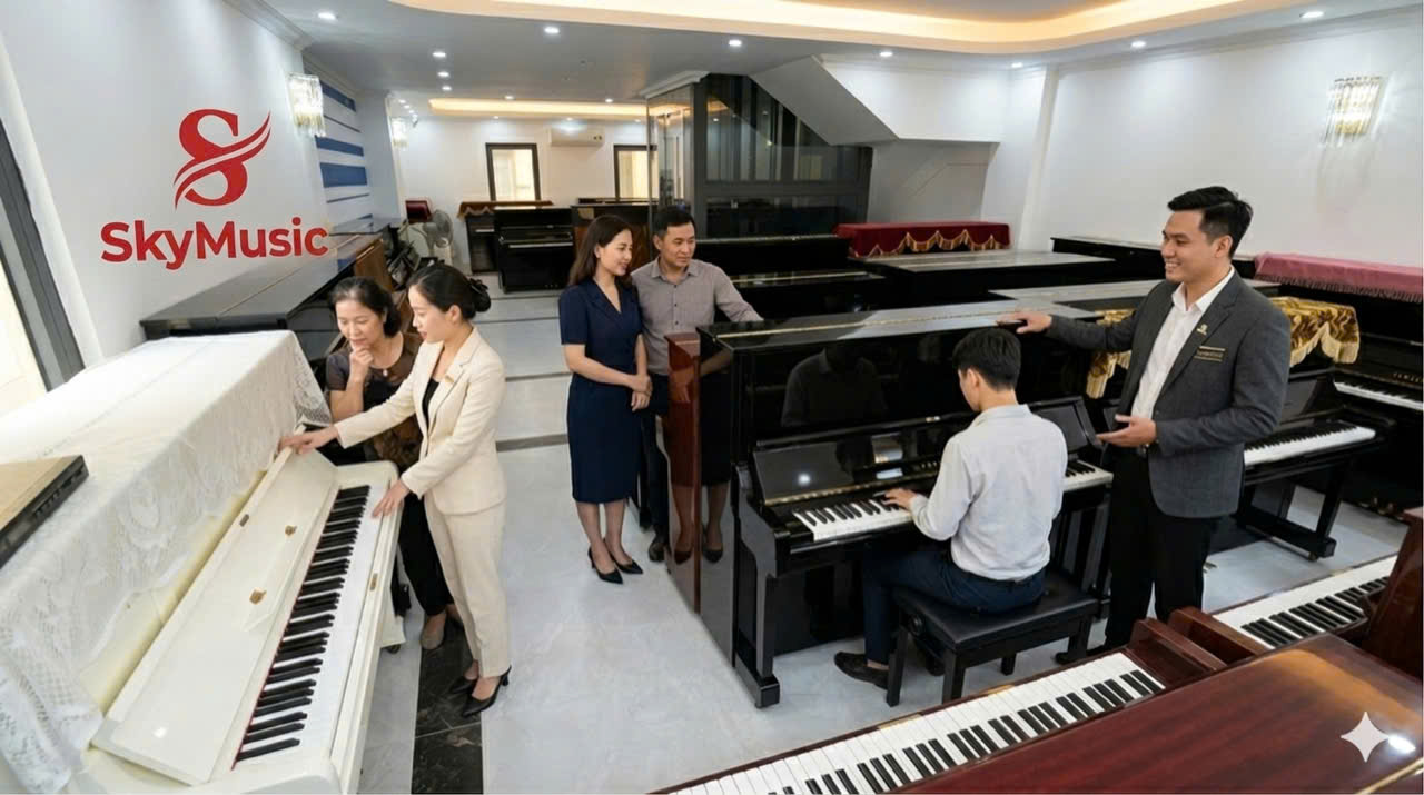 Không gian showroom Sky Music với nhiều mẫu piano điện và piano cơ cho người mới học
