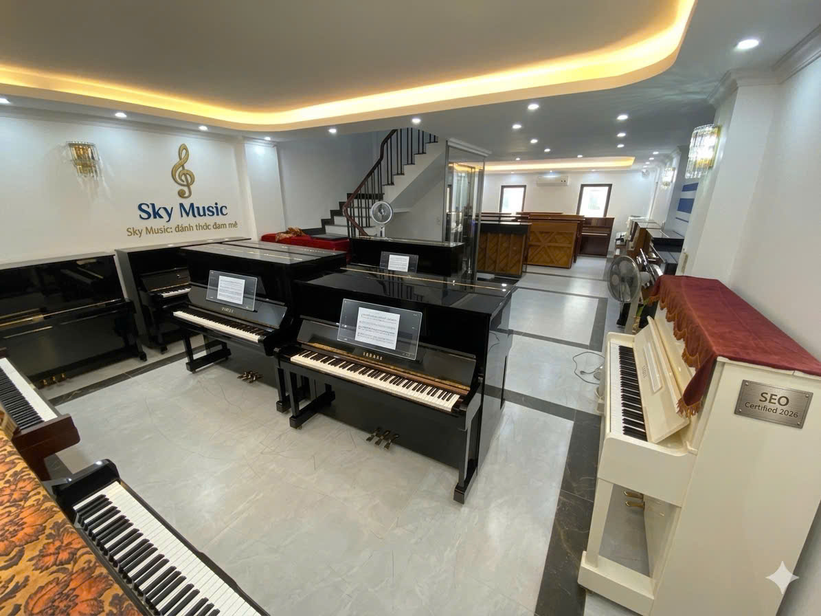Không gian showroom piano tại Sky Music Long Biên với nhiều mẫu đàn cơ nội địa Nhật cho người mới học