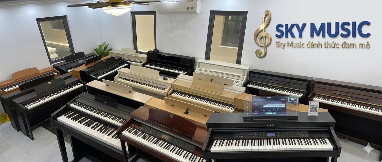 Nhiều mẫu piano điện và piano cơ tại showroom giúp người mới so sánh trước khi chọn đàn phù hợp