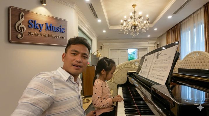 Khách hàng đang trải nghiệm và test thử đàn piano Yamaha U1 tại showroom thực tế