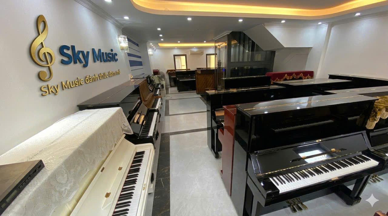 Khách hàng thử piano tại showroom Sky Music Long Biên trước khi chọn mua đàn