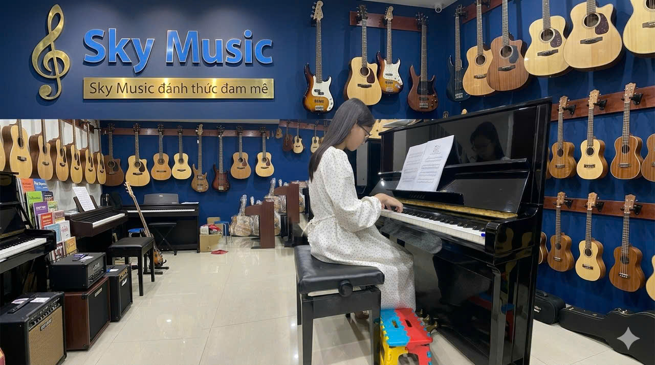 Bé nhỏ tập thử piano cùng giáo viên tại trung tâm âm nhạc Sky Music