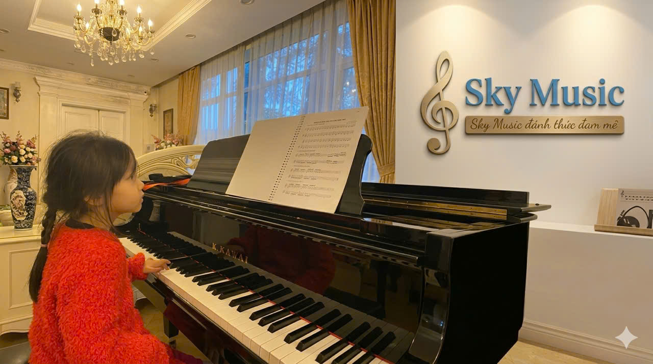 Bé gái chăm chú tập piano tại showroom Sky Music Long Biên Hà Nội