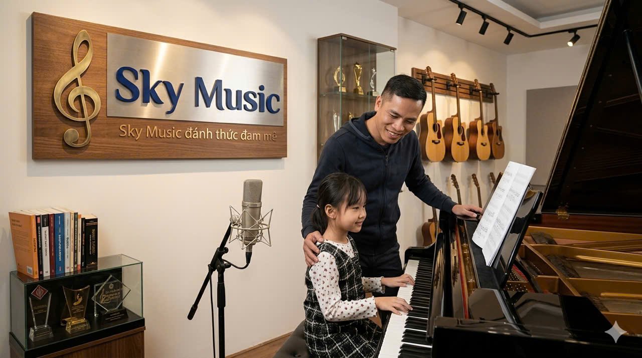 Bé gái học piano cùng giáo viên tại Sky Music với phương pháp tạo cảm xúc âm nhạc tự nhiên