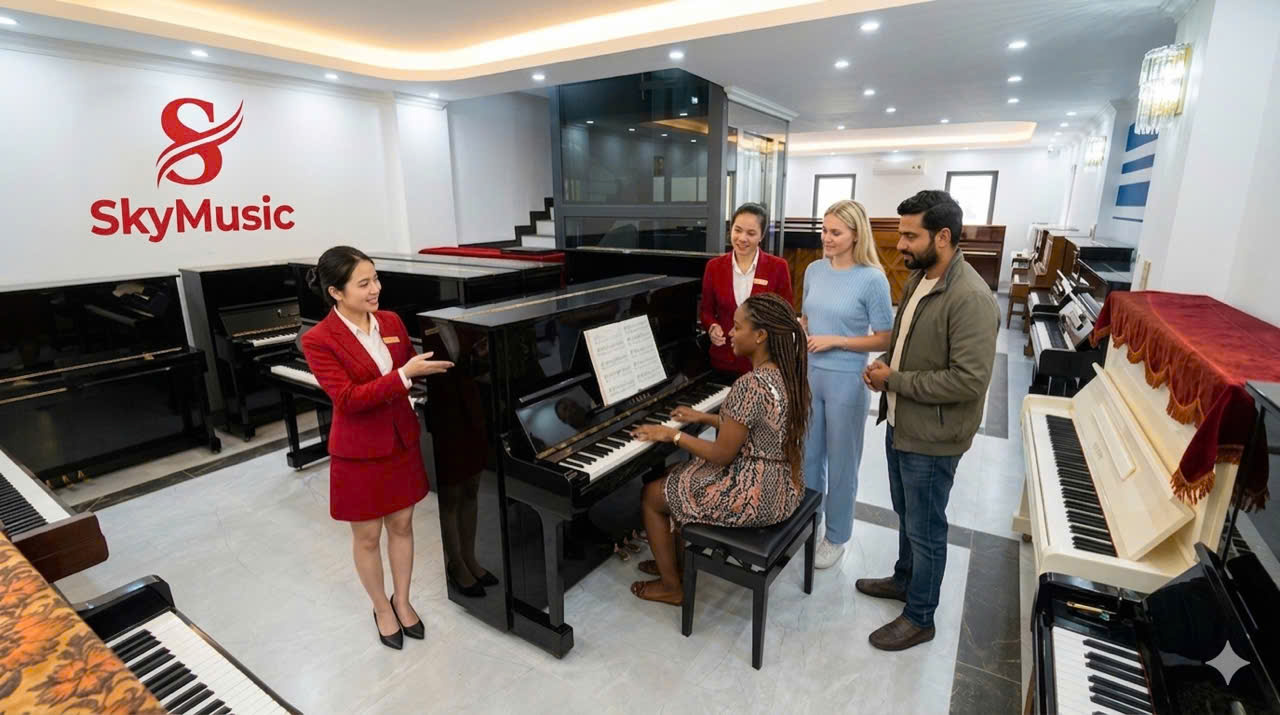 Khách hàng trải nghiệm piano cơ tại showroom Sky Music trước khi chọn đàn học tại nhà