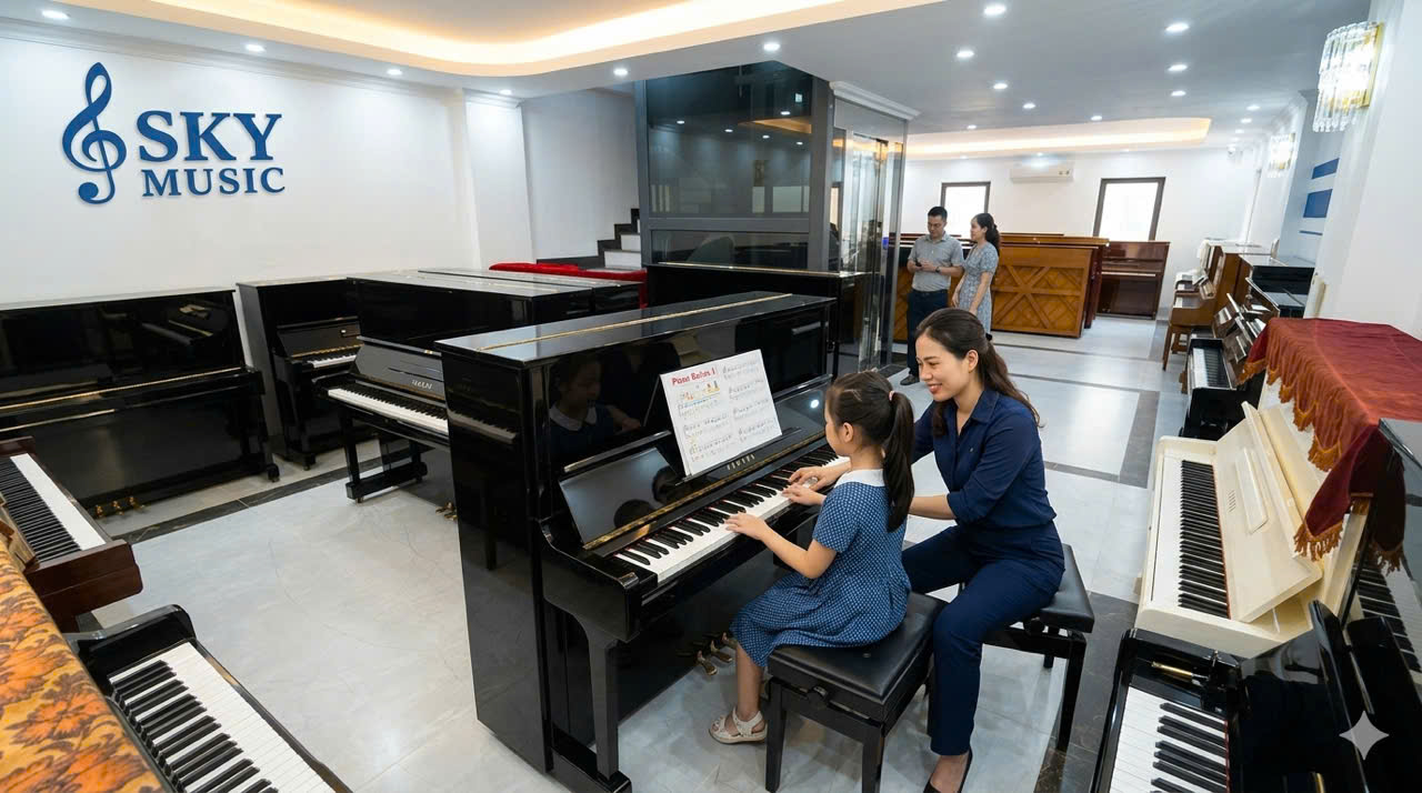 Giáo viên piano hướng dẫn học viên nhỏ tuổi luyện ngón và đọc nốt tại Sky Music Hà Nội