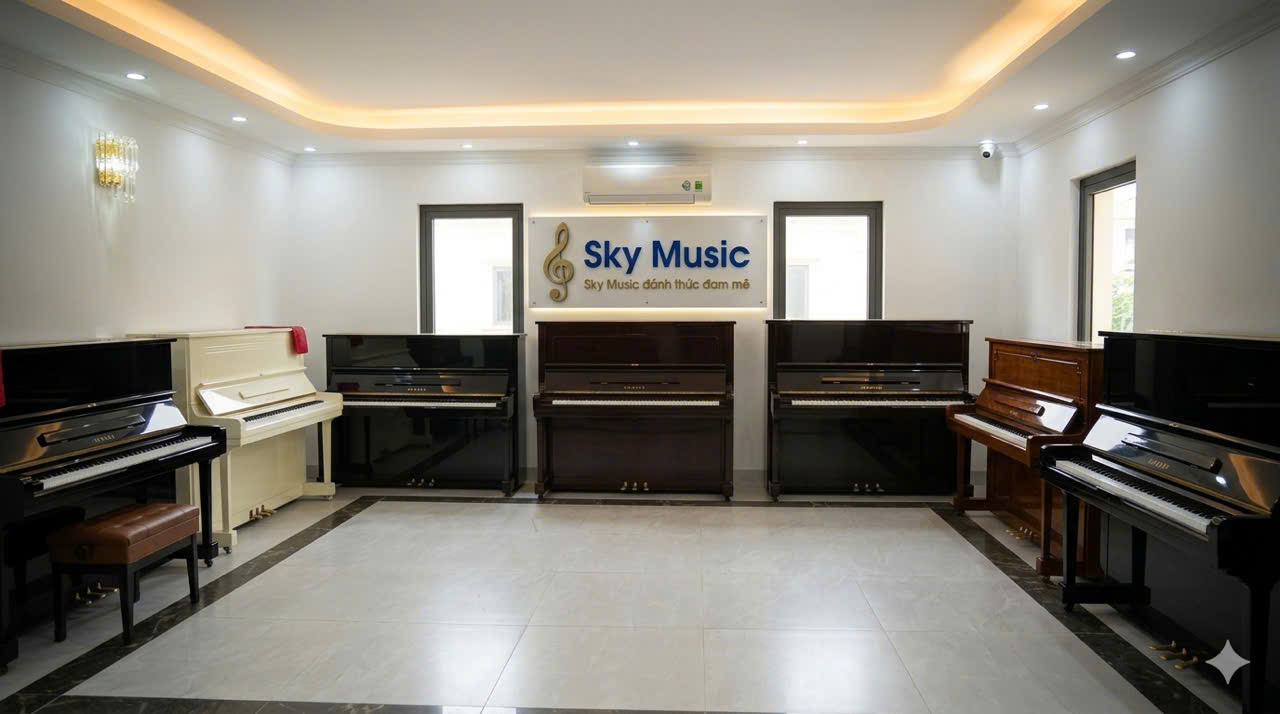 Không gian showroom piano Nhật nội địa với nhiều mẫu Yamaha và Kawai tại Sky Music Long Biên