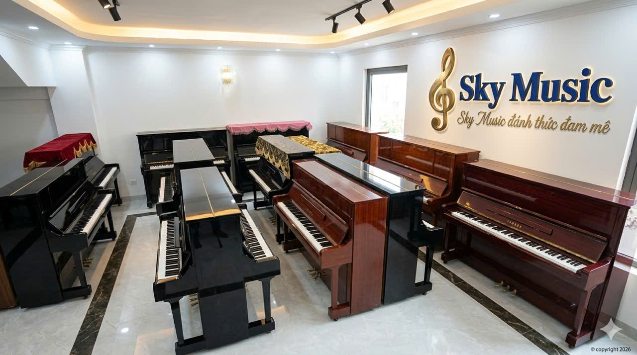 Không gian trưng bày piano cơ Yamaha và Kawai tại Sky Music Long Biên Hà Nội